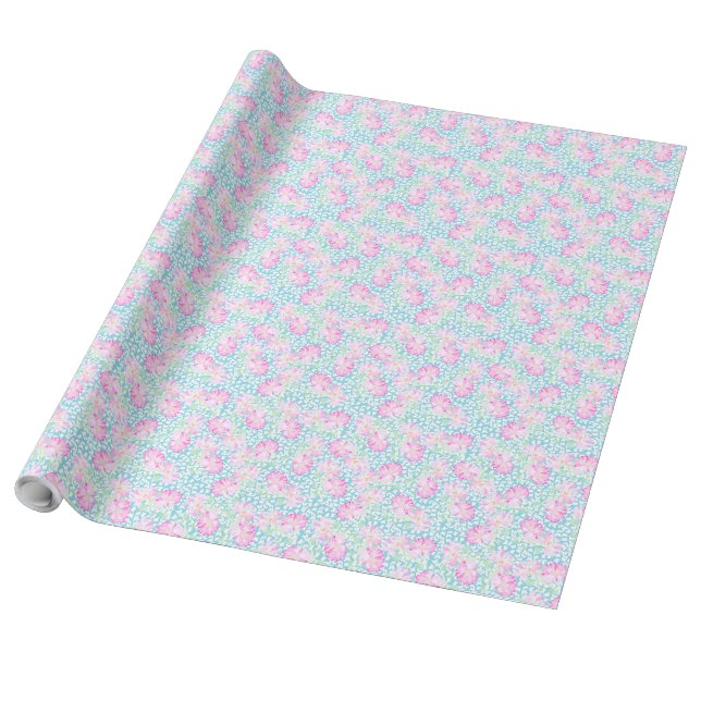 Papel De Presente Bonito Rosas Rosa Giftwrap, Borboletas Brancas Azu (Desenrolado)