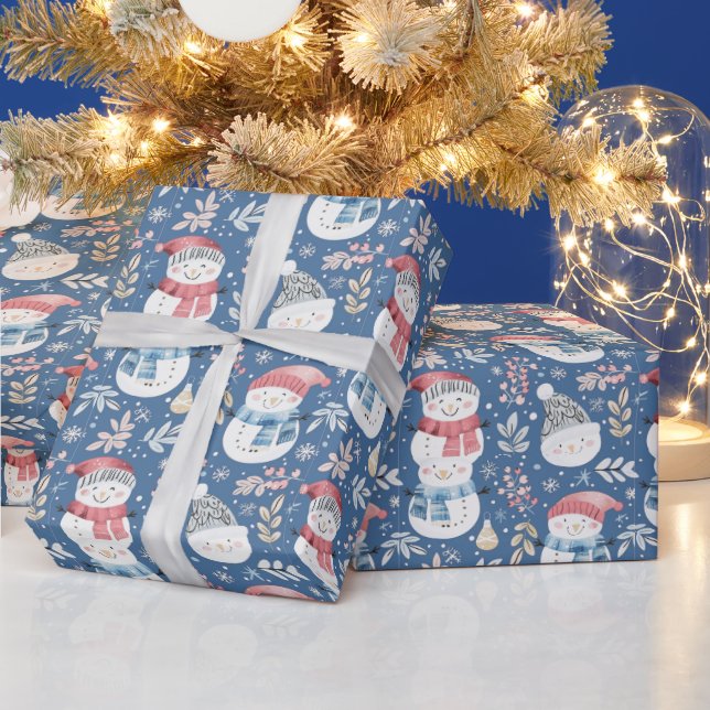 Papel De Presente Bonito Snowmen Verde Flocos de Neve Azul Natal (Feriados)