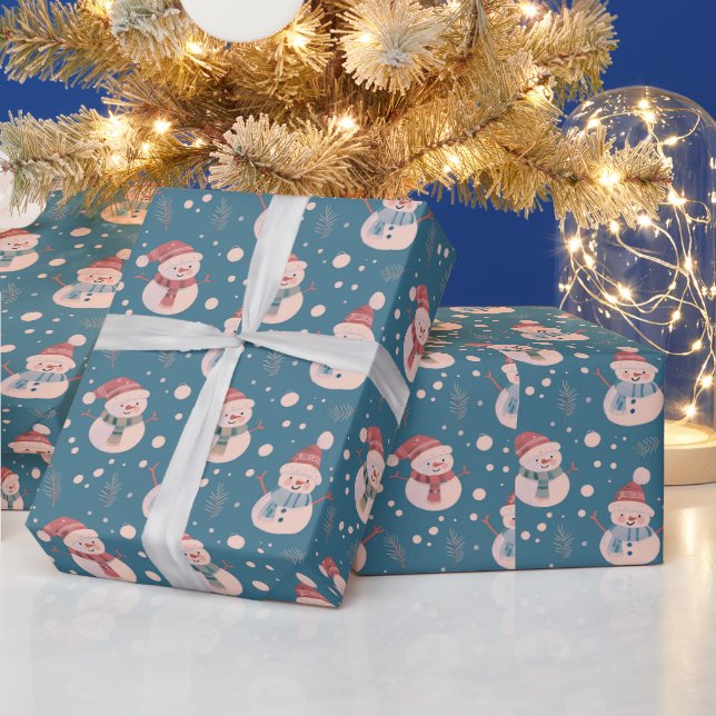 Papel De Presente Bonito Snowmen Verde Neve Azul Natal (Feriados)