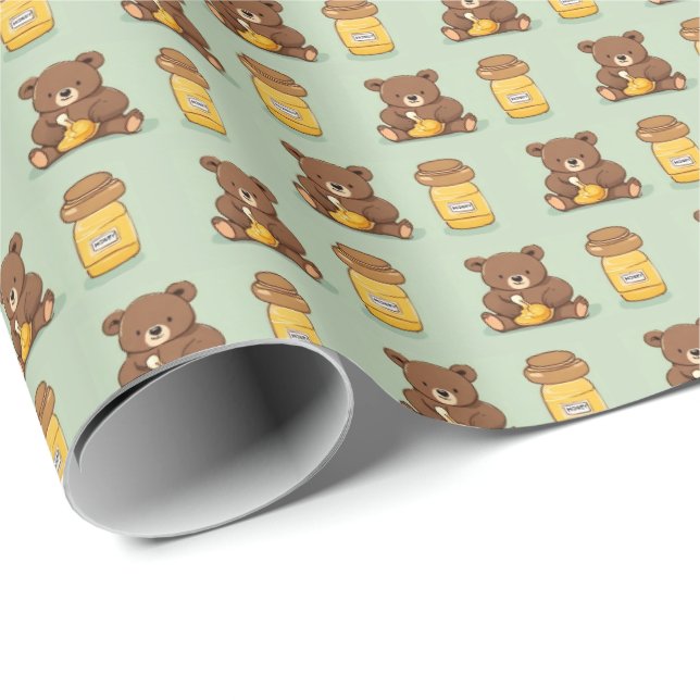 Papel De Presente Bonito Urso Bebê Comendo Mel Presente Papel Molhad (Ponta do rolo)
