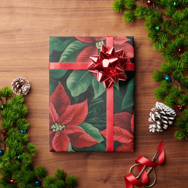 Papel De Presente Bonito, Vermelha e Verde, Poinsettias Digitais (Presente de Natal)