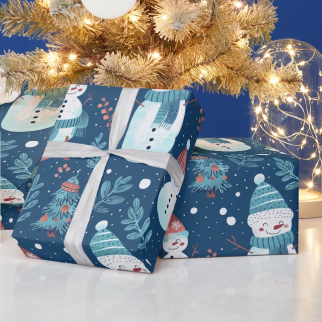 Papel De Presente Bonitos Homens de Neve Vegetação Neve Azul Natal (Feriados)