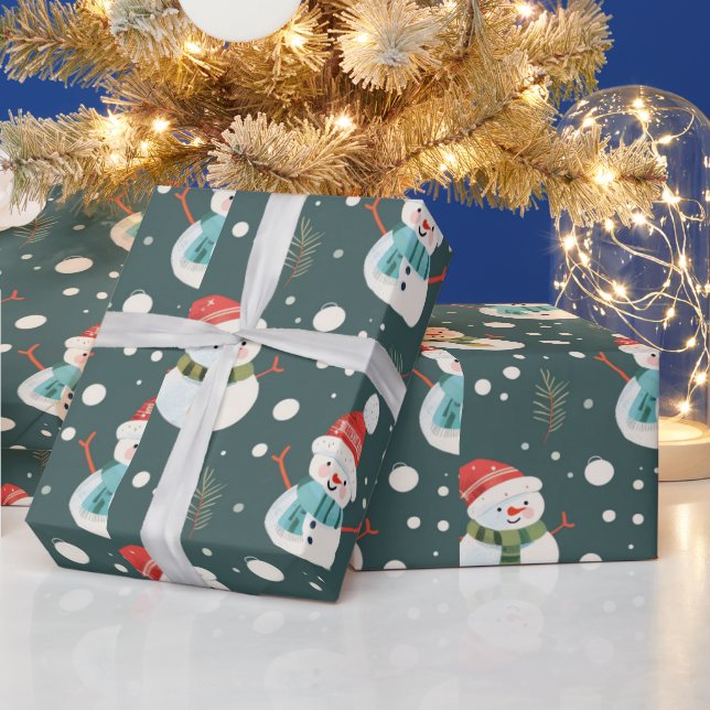 Papel De Presente Bonitos Homens de Neve Vegetação Neve Verde Natal (Feriados)