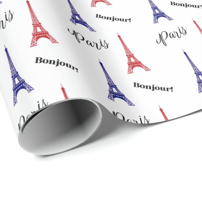 Papel De Presente Bonjour Red Blue Paris Eiffel Tower Wrap (Ponta do rolo)