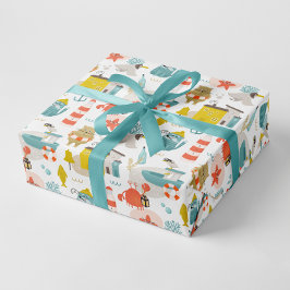 Papel De Presente Bons animais náuticos engraçados. Padrão das crian