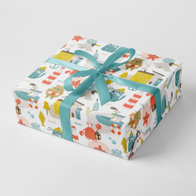 Papel De Presente Bons animais náuticos engraçados. Padrão das crian (Criador carregado)