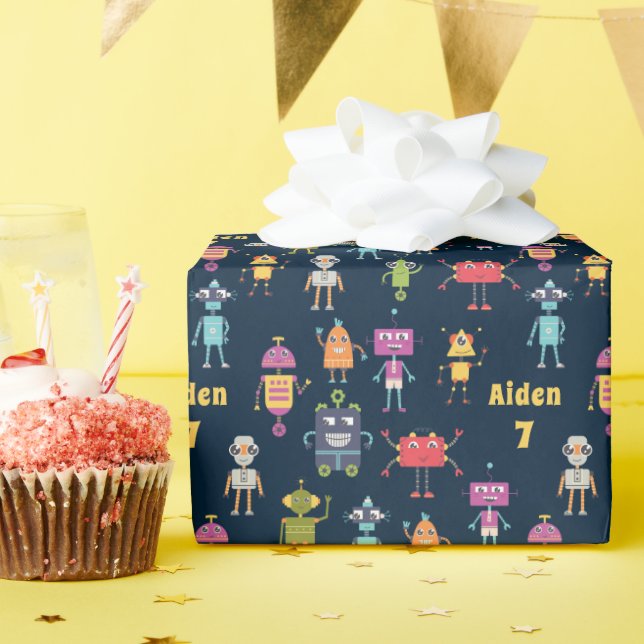 Papel De Presente Bons Robôs Fofos Nome Padrão Idade Aniversário (Festa de aniversário)