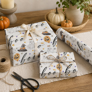 Papel De Presente Boo Fofo Padrão de Fantasma de Halloween em Aquare