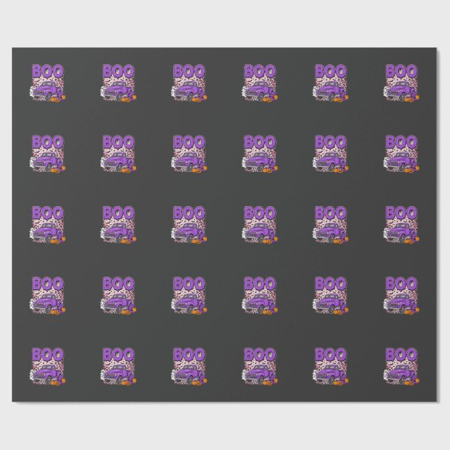 Papel De Presente Boo Halloween Caminhão Roxo Fantasma e Abóboras De (Aberto)