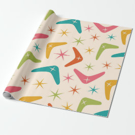 Papel De Presente Boomerang de Meados do Século com Estrelas Explosi