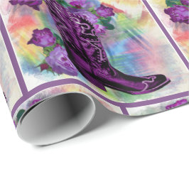 Papel De Presente Boot de cowboy roxo com Rosas em aquarela