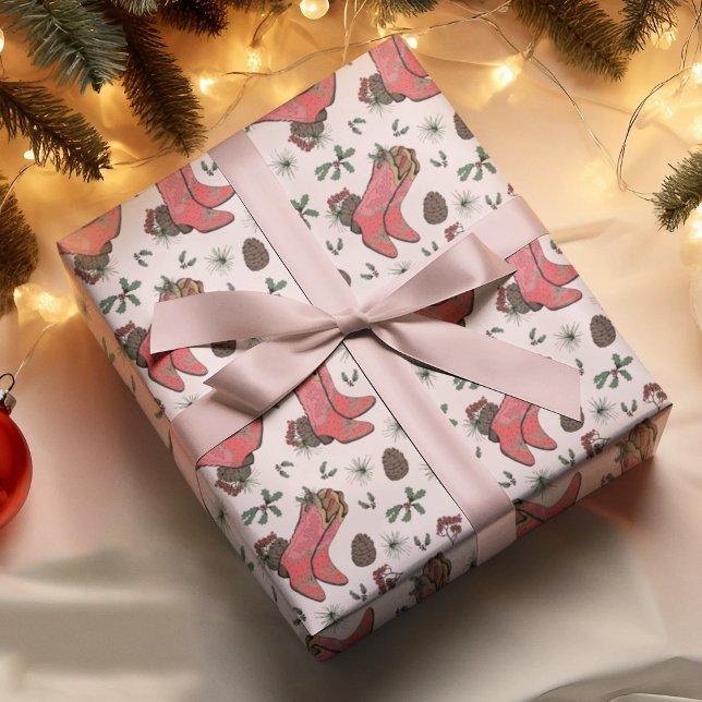 Papel De Presente Boots, Pinecones e Berries, cowboy do Xmas Ocident (Pink Country Xmas Cowgirl Boots, Pinecones, Holly Berries & Pine. Hand-Drawn Illustrations. )