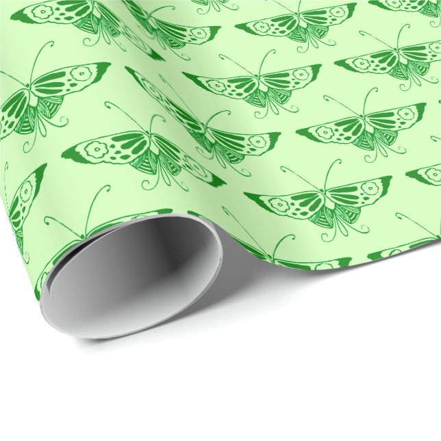 Papel De Presente Borboleta Art Déco estilizada - verde esmeralda (Ponta do rolo)