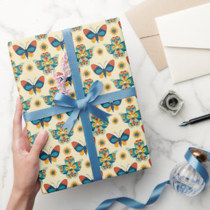 Papel De Presente Borboleta Azul e Verde