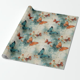 Papel De Presente Borboleta Azul Jardim Inglês Floral Vintage
