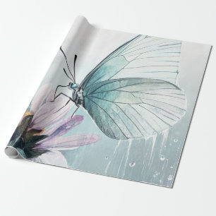Papel De Presente Borboleta Azul-Mint Floral Pastel Macio