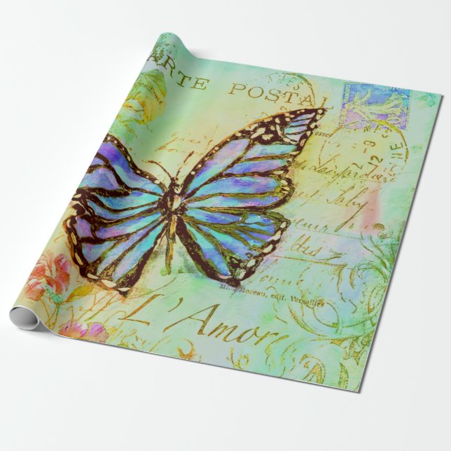 Papel De Presente Borboleta azul-turquesa e roxa (Desenrolado)