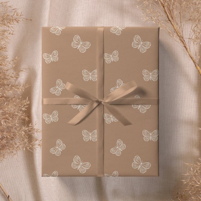 Papel De Presente Borboleta Boho Moderno Bebê Menina Neutro Bege Mar (Criador carregado)