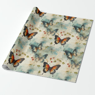 Papel De Presente Borboleta Botânica em Verde Azul e Laranja Vintage