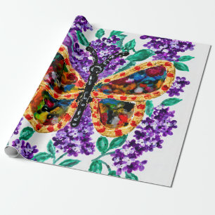 Papel De Presente Borboleta Colorida e Lilases Roxos