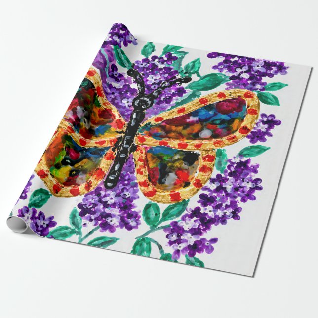Papel De Presente Borboleta Colorida e Lilases Roxos (Desenrolado)