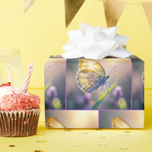 Papel De Presente Borboleta Com Flores Roxas (Festa de aniversário)