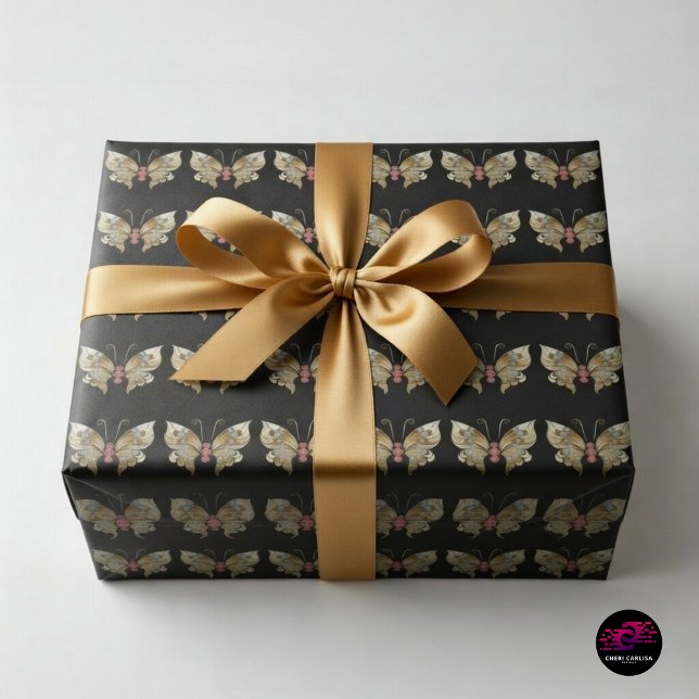 Papel De Presente Borboleta Cravejada de Ouro (Black and gold butterfly wrap that turns every gift into a luxe statement ✨)