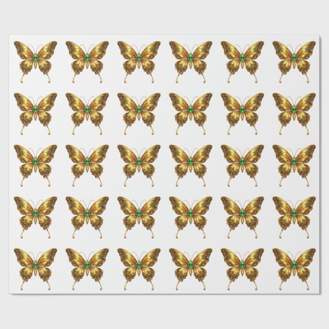 Papel De Presente Borboleta Cristal Esmeralda Dourada (Aberto)