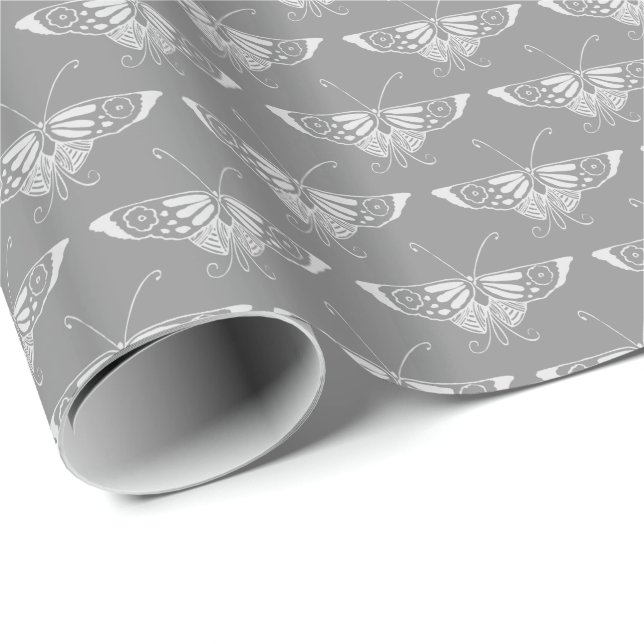 Papel De Presente Borboleta de Deco de Arte Estilizada, tons de cinz (Ponta do rolo)