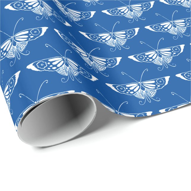 Papel De Presente Borboleta Deco de Arte Estilizada, azul de cobalto (Ponta do rolo)