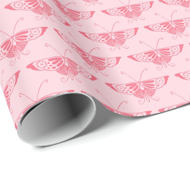 Papel De Presente Borboleta Deco de Arte Estilizada - rosa-coral (Ponta do rolo)