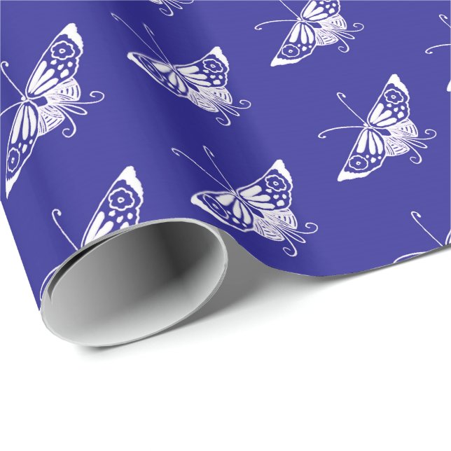 Papel De Presente Borboleta Deco Estilizada - azul de cobalto (Ponta do rolo)