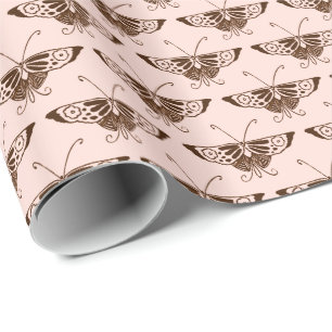 Papel De Presente Borboleta Deco Estilizada - chocolate e pêssego
