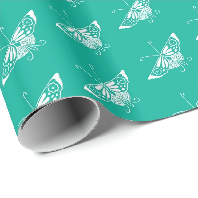 Papel De Presente Borboleta Deco Estilizada - turquesa (Ponta do rolo)