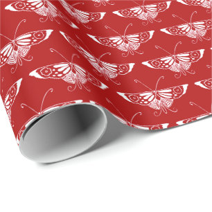 Papel De Presente Borboleta Deco estilizada - vermelho escuro e bran