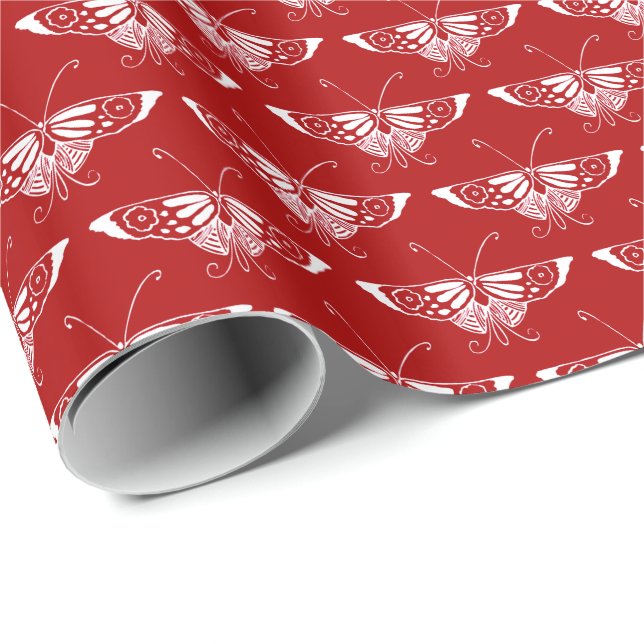 Papel De Presente Borboleta Deco estilizada - vermelho escuro e bran (Ponta do rolo)
