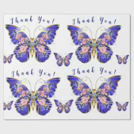 Papel De Presente Borboleta Dourada rosa azul branca Floral Obrigado