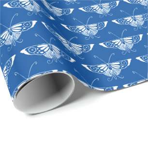 Papel De Presente Borboleta estilizado, azuis cobaltos e branco do