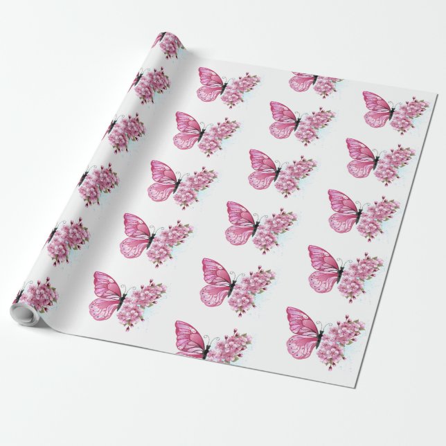 Papel De Presente Borboleta Flor com Sakura Rosa (Desenrolado)