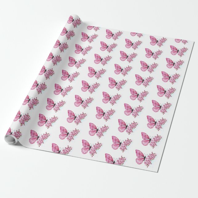 Papel De Presente Borboleta Flor com Sakura Rosa (Desenrolado)