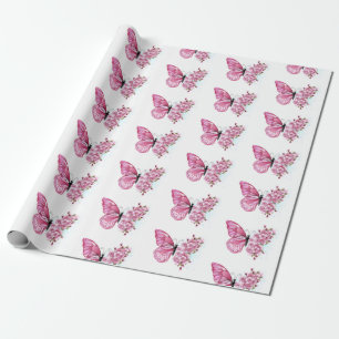Papel De Presente Borboleta Flor com Sakura Rosa