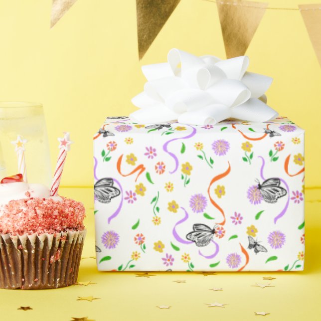 Papel De Presente Borboleta Flor de Lavanda Branca (Festa de aniversário)