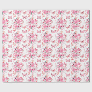 Papel De Presente Borboleta Floral Jardim Aquarela Rosa