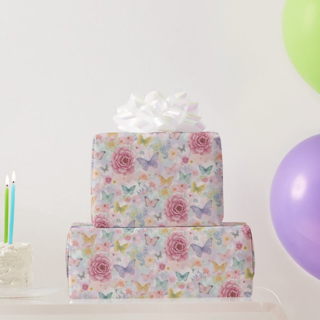 Papel De Presente Borboleta Floral Pastel / Jardim Suave (Presentes para festas)