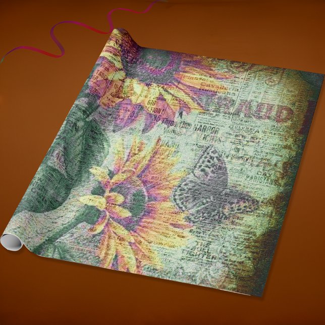 Papel De Presente Borboleta Girassol Rústico Efêmero Ousado (Criador carregado)