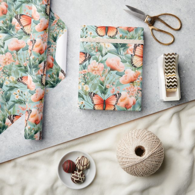 Papel De Presente Borboleta Laranja Verde (Artesanato)