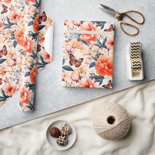 Papel De Presente Borboleta Monarca Laranja Floral (Artesanato)