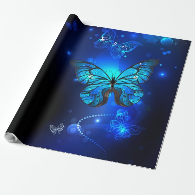 Papel De Presente Borboleta Morpho no Fundo Escuro (Desenrolado)
