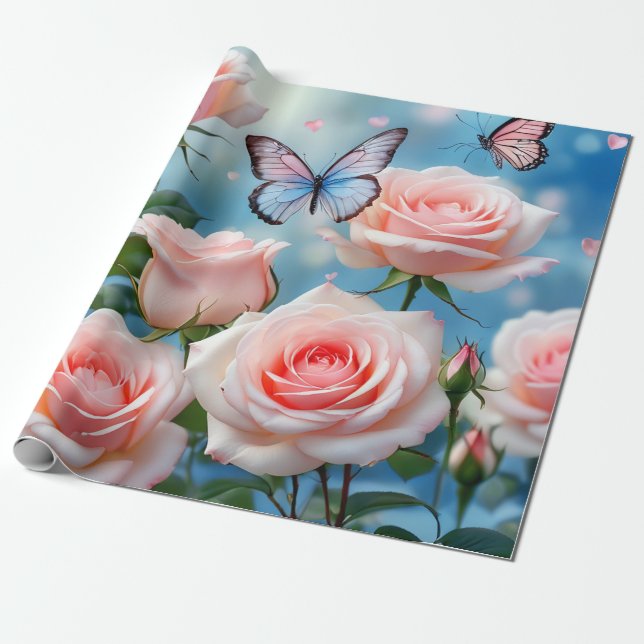 Papel De Presente Borboleta Na Flor Rosa (Desenrolado)