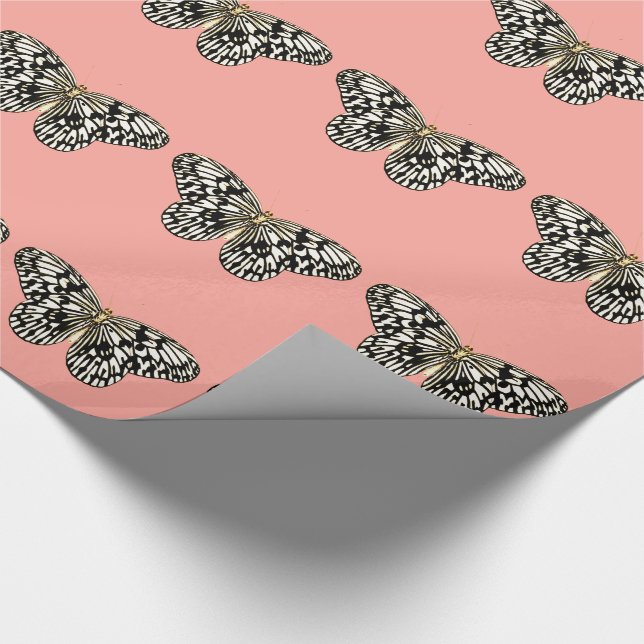 Papel De Presente Borboleta preta e branca, fundo rosa coral (Ponta)